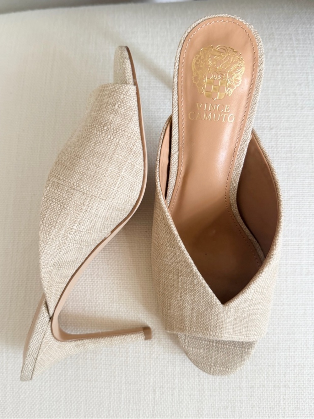 Vince Camuto Treena Mule Heels Natural Beige Linen Open Toe Slide Sandals 8 New